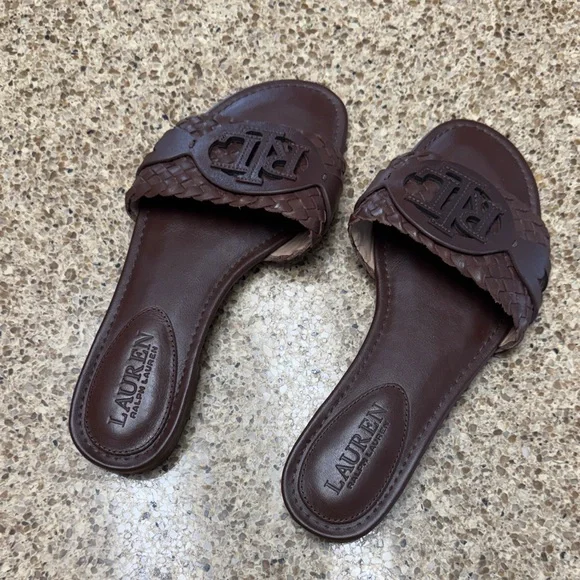 Lauren Ralph Lauren Alegra Woven Leather Brown Slide Sandals - Picture 5 of 10